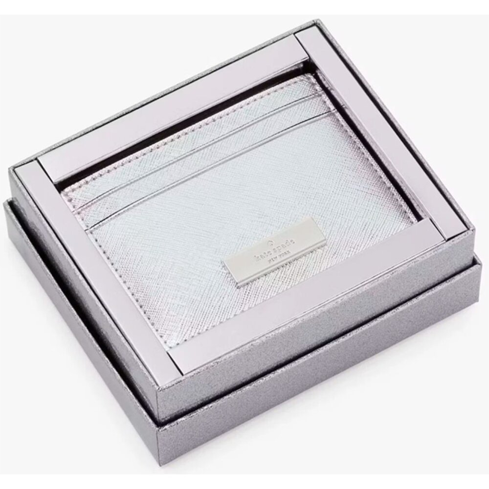 S Kate Spade Kenzie Boxed Metallic Small Cardholder KJ022Silver Saffiano NWT $99